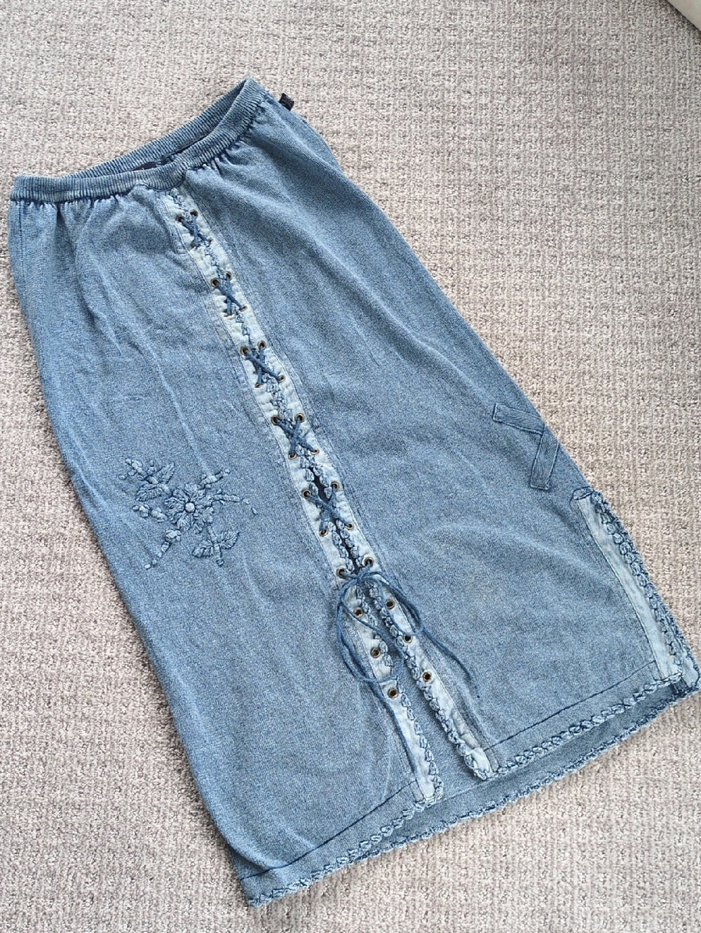 Vtg Y2K Original Blues Soft Denim Knit Cotton Midi Skirt W/Ties, Size M